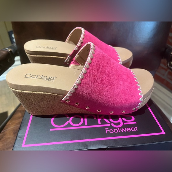 Corky’s Stitch n Slide Fuchsia Ladies Cork Wedges Sz 10 - Picture 6 of 13